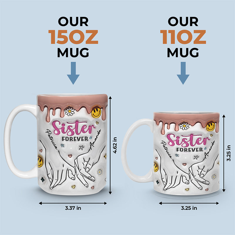 Tasse personnalisée « Sisters By Heart » avec effet gonflable 3D – Cadeau pour meilleures amies, meilleures amies, sœurs, collègues