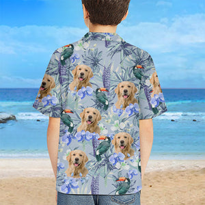 T-shirt hawaïen unisexe personnalisé avec photo d'oiseau tropical et de fleur pour enfant, chien et chat, style tropical, idéal pour les vacances d'été ou les anniversaires.