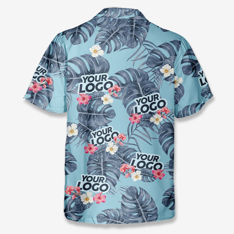 T-shirt hawaïen unisexe personnalisé avec photo et feuilles tropicales - Ambiance estivale - Logo de l'entreprise - Cadeau vacances d'été, cadeau pour collègue ou membre de l'équipe