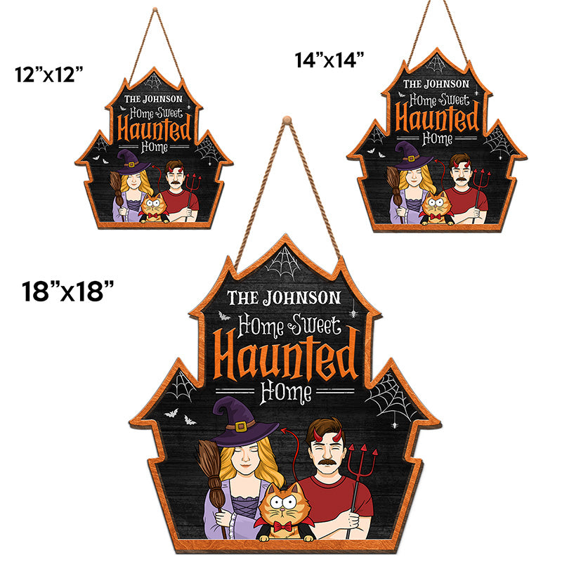 Bienvenue dans notre douce maison hantée - Panneau en bois personnalisé en forme de sorcière pour décoration d'intérieur - Cadeau d'Halloween pour mari, femme, propriétaires d'animaux, amoureux des animaux