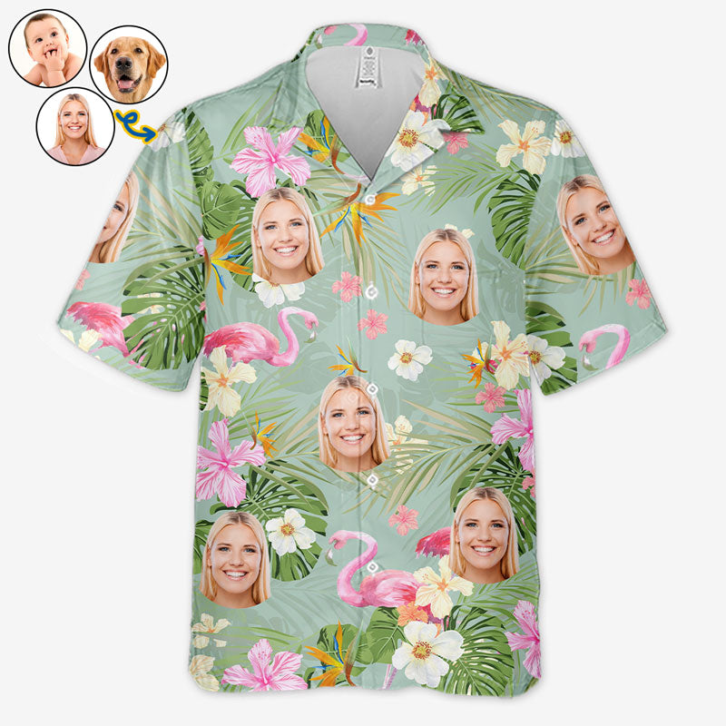 T-shirt hawaïen unisexe personnalisé avec photo, style été vert clair et rose, idéal pour les vacances d'été ou pour la famille
