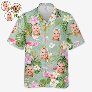 T-shirt hawaïen unisexe personnalisé avec photo, style été vert clair et rose, idéal pour les vacances d'été ou pour la famille