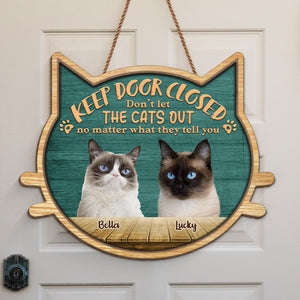 Photo personnalisée « N'oubliez pas de fermer la porte » - Panneau en bois personnalisé en forme de chat - Cadeau de pendaison de crémaillère pour les propriétaires d'animaux et les amoureux des animaux