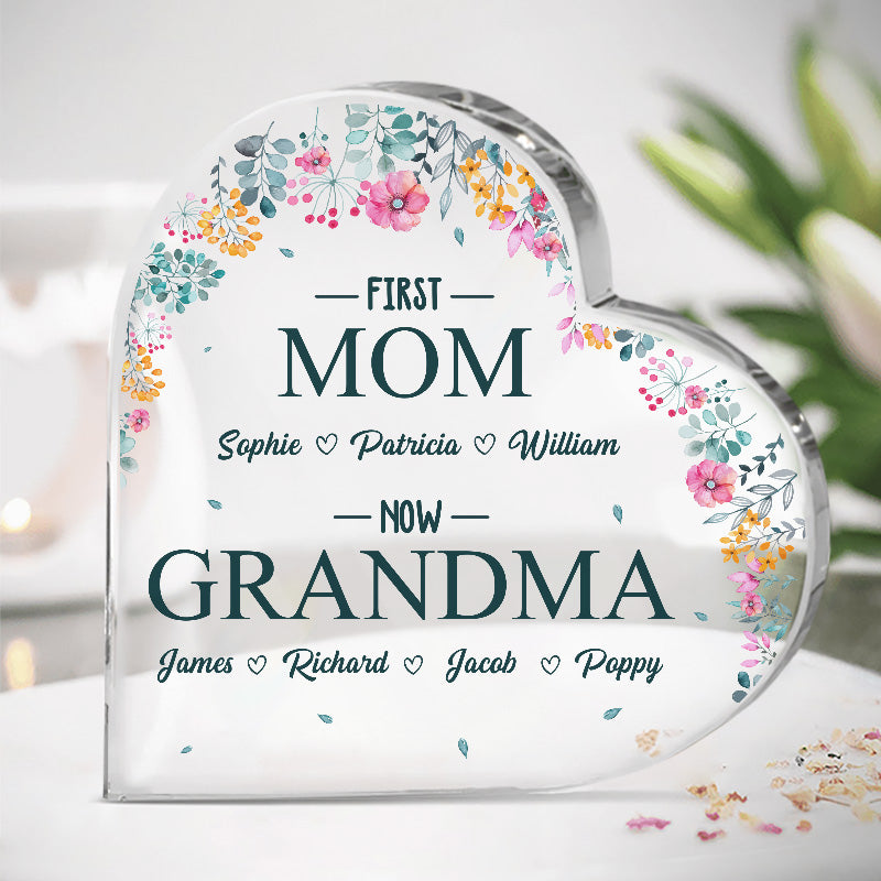 D'abord maman, maintenant grand-mère - Plaque acrylique personnalisée en forme de cœur pour la famille - Cadeau de fête des mères et d'anniversaire pour grand-mère