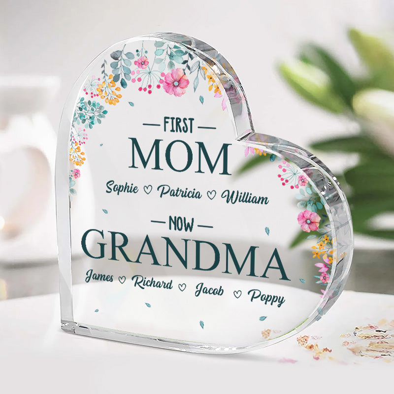 D'abord maman, maintenant grand-mère - Plaque acrylique personnalisée en forme de cœur pour la famille - Cadeau de fête des mères et d'anniversaire pour grand-mère