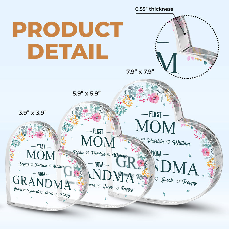 D'abord maman, maintenant grand-mère - Plaque acrylique personnalisée en forme de cœur pour la famille - Cadeau de fête des mères et d'anniversaire pour grand-mère