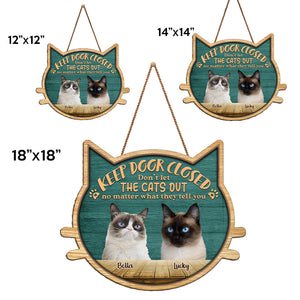 Photo personnalisée « N'oubliez pas de fermer la porte » - Panneau en bois personnalisé en forme de chat - Cadeau de pendaison de crémaillère pour les propriétaires d'animaux et les amoureux des animaux
