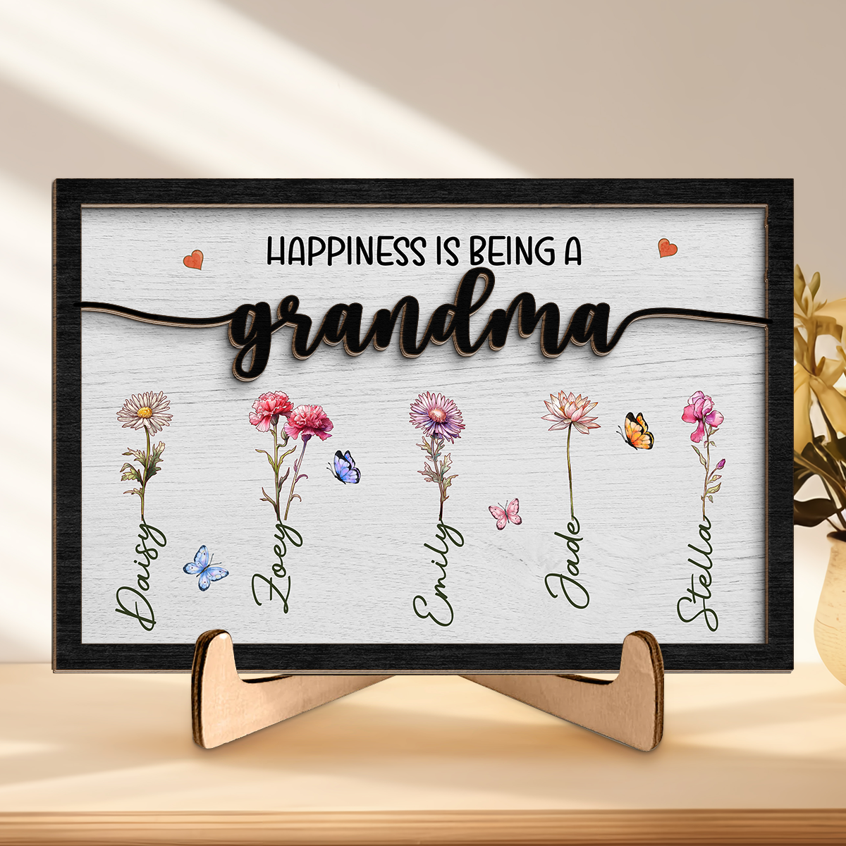 Le bonheur, c'est d'être maman - Plaque en bois personnalisée à 2 couches avec support - Cadeau de pendaison de crémaillère pour maman et grand-mère