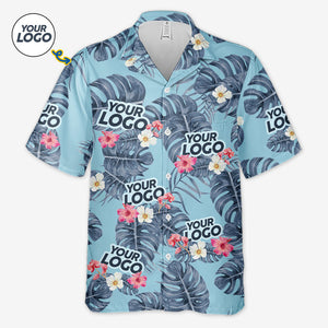 T-shirt hawaïen unisexe personnalisé avec photo et feuilles tropicales - Ambiance estivale - Logo de l'entreprise - Cadeau vacances d'été, cadeau pour collègue ou membre de l'équipe