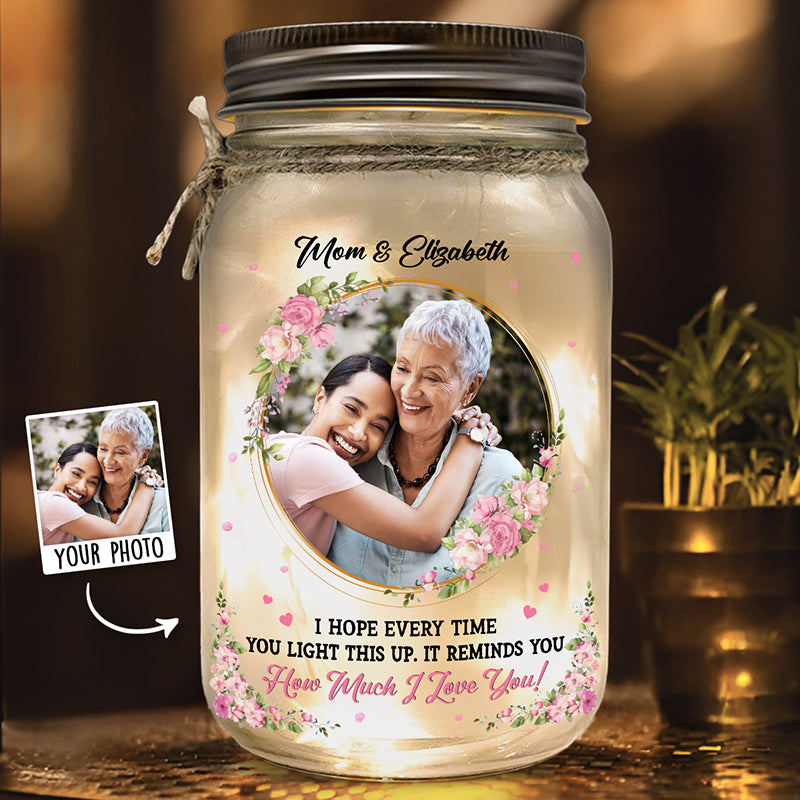 Photo personnalisée Rappelle-toi combien je t'aime - Lampe de pot Mason personnalisée pour famille - Cadeau pour maman, grand-mère