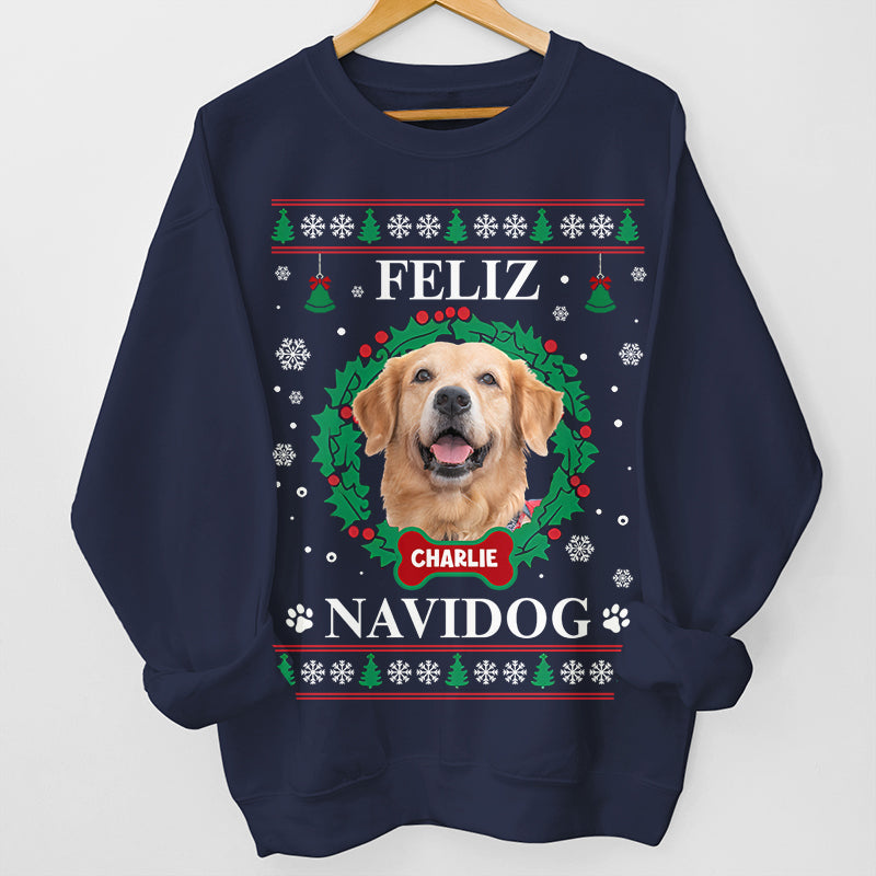 Photo personnalisée Feliz Navidog - T-shirt, sweat à capuche et sweat-shirt unisexe personnalisé pour chien et chat - Cadeau de Noël pour propriétaires et amoureux des animaux