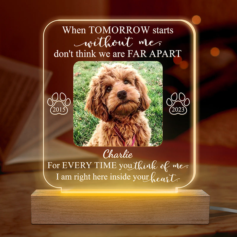 Photo personnalisée « Je suis juste ici dans ton cœur » - Lumière LED 3D personnalisée en forme de mémorial - Cadeau de condoléances pour les propriétaires d'animaux et les amoureux des animaux