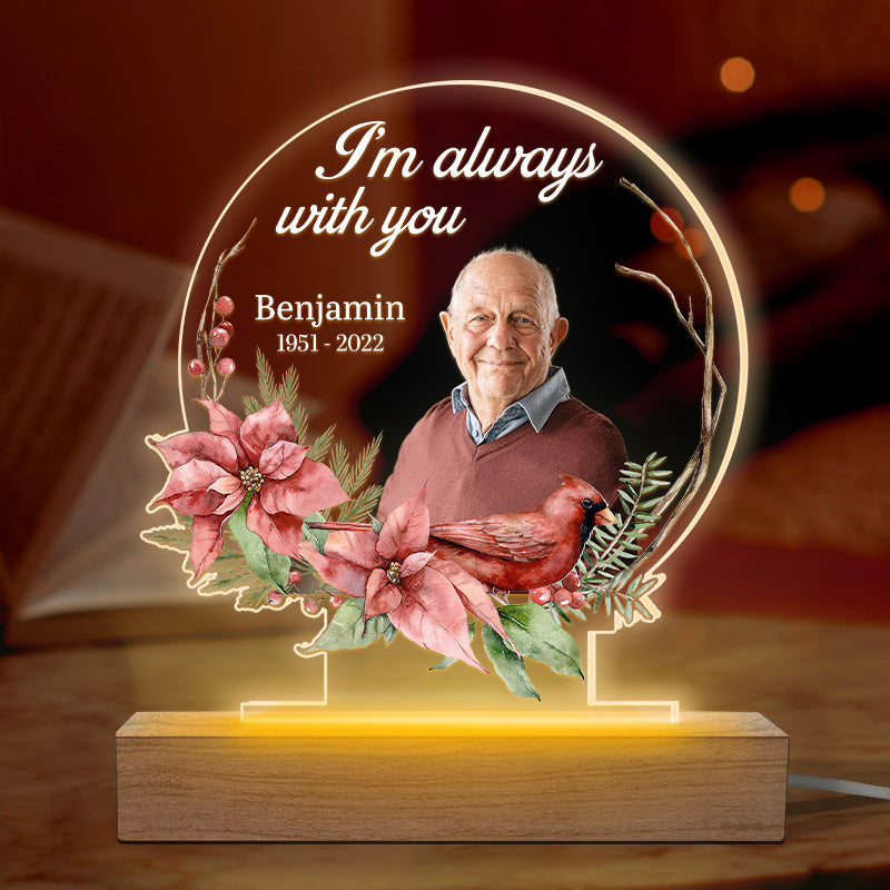 Photo personnalisée de cardinaux apparaissant à proximité des anges – Lampe LED 3D ronde personnalisée et commémorative – Cadeau de condoléances pour les membres de la famille