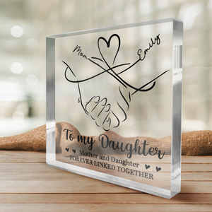 Mère et fille liées à jamais - Plaque acrylique carrée personnalisée pour la famille - Cadeau pour fille de la part de maman