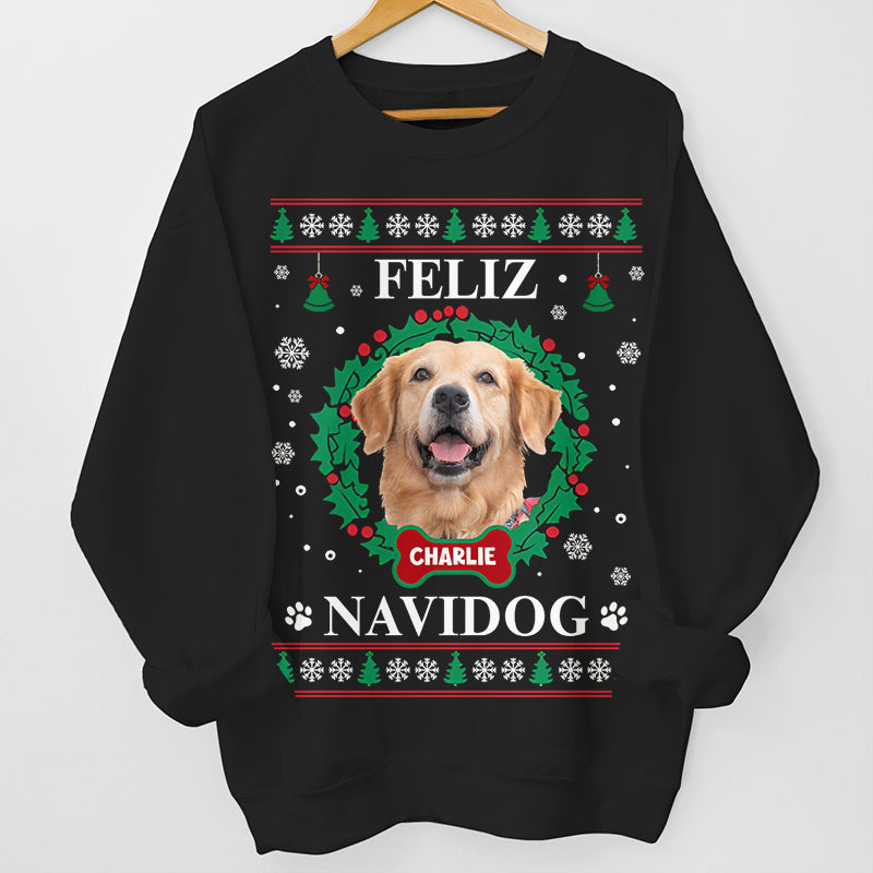 Photo personnalisée Feliz Navidog - T-shirt, sweat à capuche et sweat-shirt unisexe personnalisé pour chien et chat - Cadeau de Noël pour propriétaires et amoureux des animaux