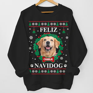 Photo personnalisée Feliz Navidog - T-shirt, sweat à capuche et sweat-shirt unisexe personnalisé pour chien et chat - Cadeau de Noël pour propriétaires et amoureux des animaux