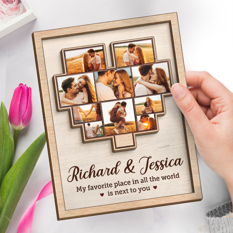 Photo personnalisée « La maison est là où se trouve ma femme » – Plaque en bois personnalisée à 2 couches avec support pour couple – Cadeau de pendaison de crémaillère pour mari et femme, anniversaire