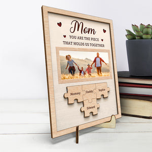 Photo personnalisée : la pièce qui nous unit - Plaque en bois personnalisée à 2 couches avec support pour famille - Cadeau de pendaison de crémaillère pour maman