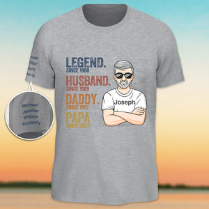 Legend Husband Daddy Papa - Family Personalized Custom Unisex T-Shirt With Design On Sleeve - Father's Day, Birthday Gift For Dad, Grandpa