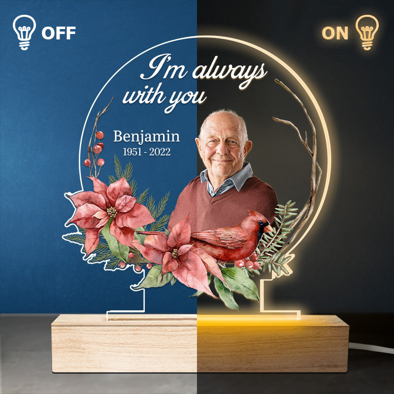 Photo personnalisée de cardinaux apparaissant à proximité des anges – Lampe LED 3D ronde personnalisée et commémorative – Cadeau de condoléances pour les membres de la famille
