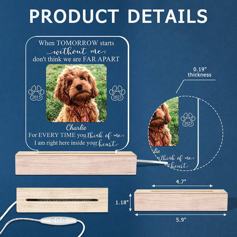 Photo personnalisée « Je suis juste ici dans ton cœur » - Lumière LED 3D personnalisée en forme de mémorial - Cadeau de condoléances pour les propriétaires d'animaux et les amoureux des animaux