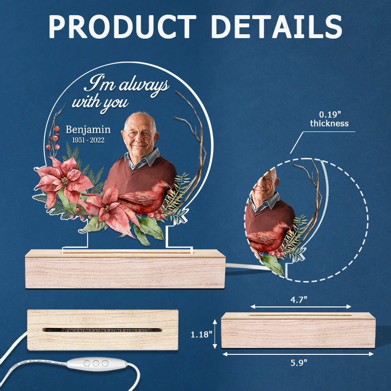 Photo personnalisée de cardinaux apparaissant à proximité des anges – Lampe LED 3D ronde personnalisée et commémorative – Cadeau de condoléances pour les membres de la famille