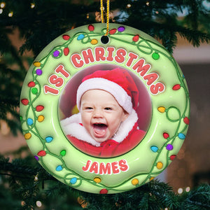 Photo personnalisée Joyeux Noël bébé - Ornement personnalisé familial personnalisé - Forme ronde en céramique - Premier cadeau de Noël pour bébé