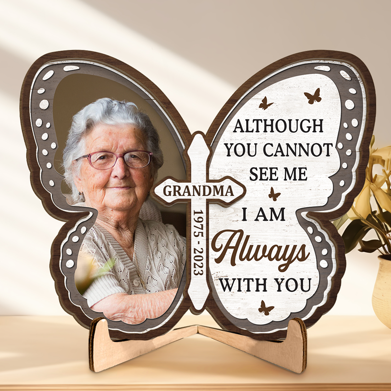 Photo personnalisée dans nos cœurs, vous resterez à jamais - Plaque commémorative personnalisée en bois à 2 couches avec support - Cadeau de condoléances pour les membres de la famille