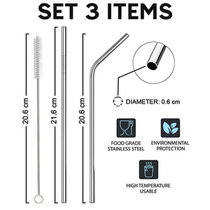 Ensemble de 2 pailles et 1 brosse de nettoyage - Pailles droites et courbées en acier inoxydable avec brosse de nettoyage - Pailles réutilisables pour gobelets de 20 onces, gobelets de 30 onces, mugs et tasses