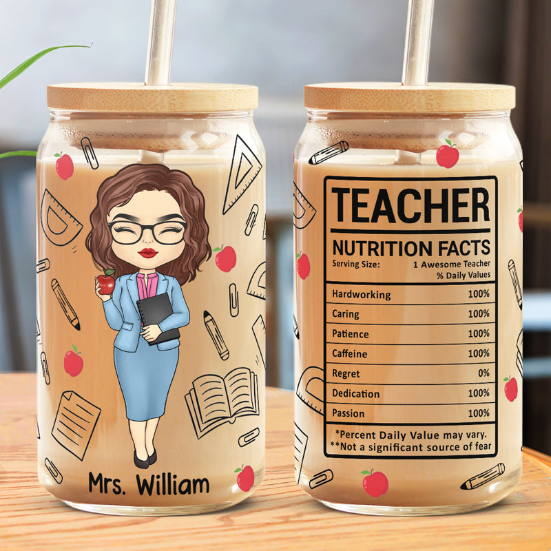 Informations nutritionnelles pour les enseignants - Tasse en verre personnalisée pour enseignants, tasse à café glacé - Cadeau pour enseignants, rentrée scolaire