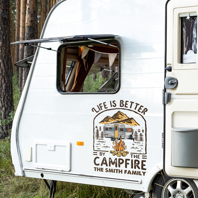 La vie est meilleure au coin du feu - Autocollant personnalisé pour camping-car - Cadeau pour les amateurs de camping