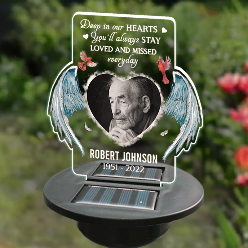 Photo personnalisée au plus profond de nos cœurs, vous resterez toujours aimé et nous manquerez chaque jour - Lampe solaire de jardin personnalisée commémorative - Cadeau de sympathie pour les membres de la famille