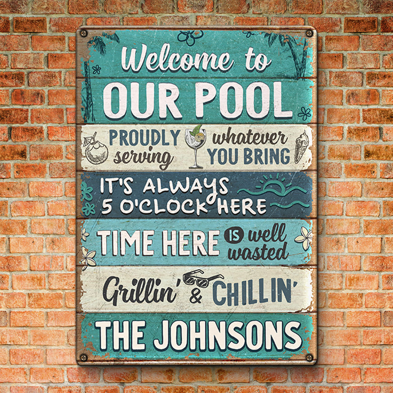 Il est toujours 17 heures ici - Plaque en métal personnalisée pour la décoration intérieure de la famille - Cadeau de pendaison de crémaillère pour les membres de la famille