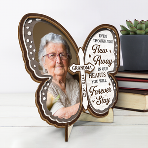 Photo personnalisée dans nos cœurs, vous resterez à jamais - Plaque commémorative personnalisée en bois à 2 couches avec support - Cadeau de condoléances pour les membres de la famille