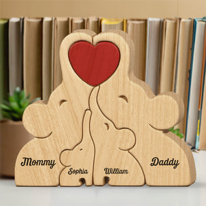 Belle famille - Puzzle en bois personnalisé en forme d'éléphant - Sculptures d'animaux en bois, ornements de table en bois sculpté, décoration en bois sculpté - Cadeau pour les membres de la famille