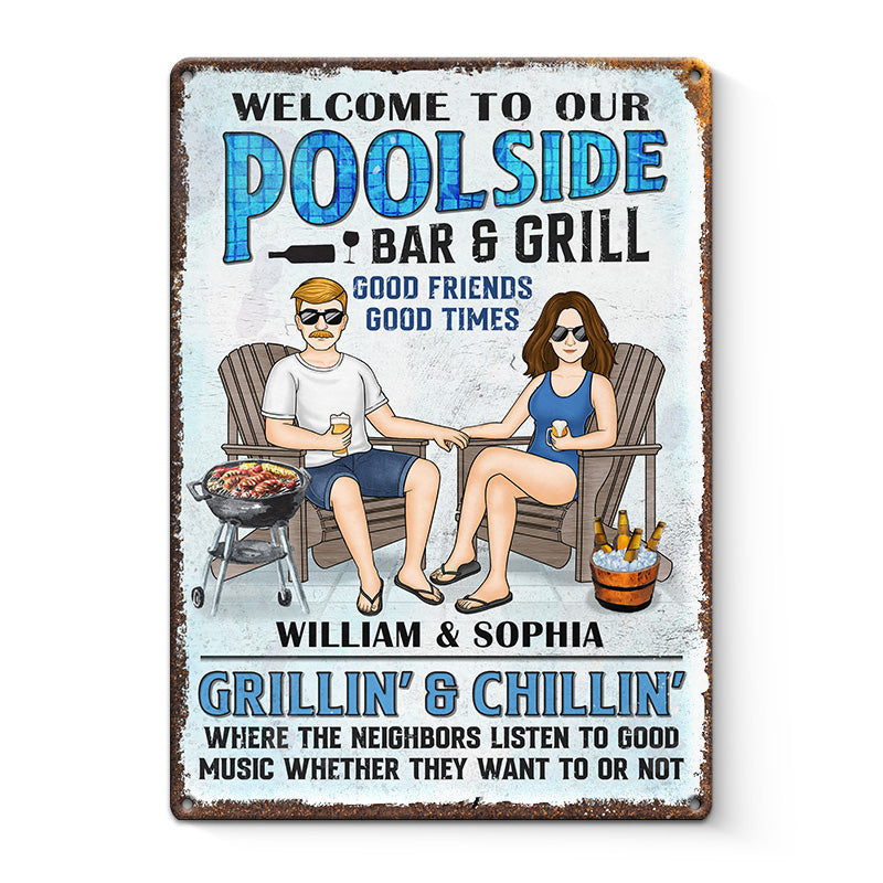 Bienvenue dans notre bar-grill au bord de la piscine - Plaque en métal personnalisée pour couple - Cadeau de pendaison de crémaillère pour mari et femme, anniversaire