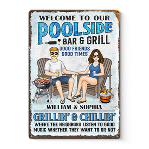 Bienvenue dans notre bar-grill au bord de la piscine - Plaque en métal personnalisée pour couple - Cadeau de pendaison de crémaillère pour mari et femme, anniversaire