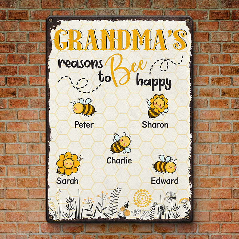Grandma's Reasons To Bee Happy - Family Personalized Custom Home Decor Metal Sign - Gift For Grandma, Mom