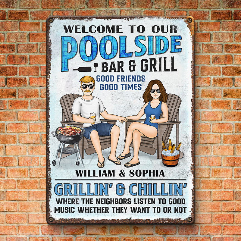 Bienvenue dans notre bar-grill au bord de la piscine - Plaque en métal personnalisée pour couple - Cadeau de pendaison de crémaillère pour mari et femme, anniversaire