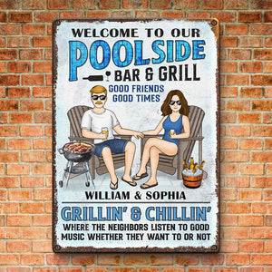 Bienvenue dans notre bar-grill au bord de la piscine - Plaque en métal personnalisée pour couple - Cadeau de pendaison de crémaillère pour mari et femme, anniversaire