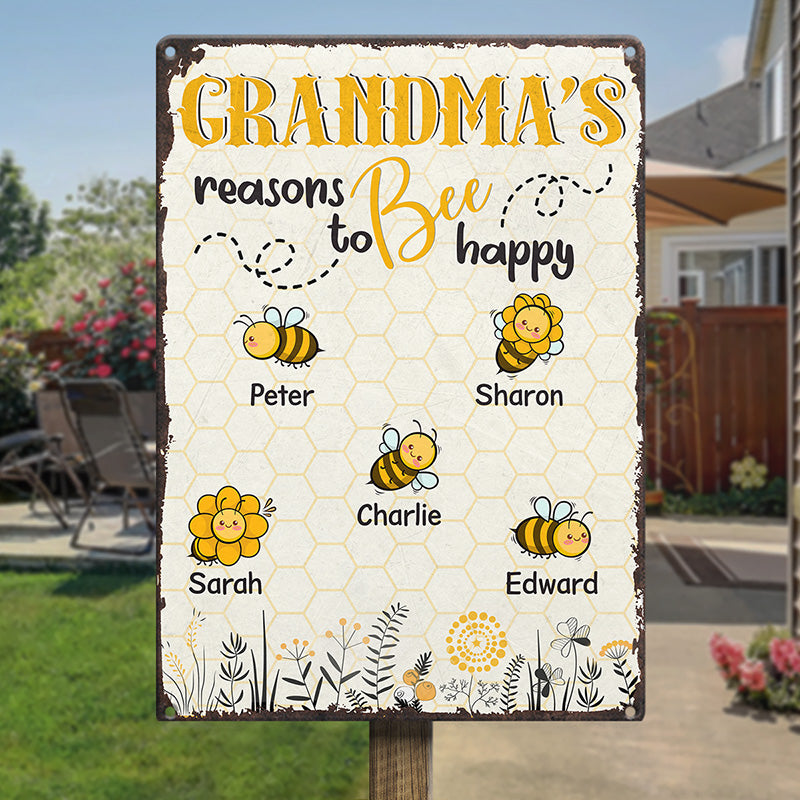 Grandma's Reasons To Bee Happy - Family Personalized Custom Home Decor Metal Sign - Gift For Grandma, Mom