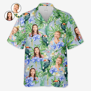 Motif de fleur d'oiseau tropical personnalisé - Chemise hawaïenne unisexe personnalisée pour couple - Cadeau de vacances d'été, cadeau pour mari et femme