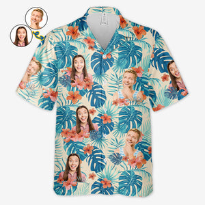 T-shirt hawaïen unisexe personnalisé avec photo de fleurs et feuilles tropicales colorées - Cadeau pour les vacances d'été, pour mari et femme