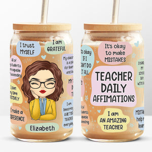 Affirmations quotidiennes pour enseignant(e) - Tasse en verre personnalisée pour enseignant(e), tasse à café glacé - Cadeau pour enseignant(e) et rentrée scolaire