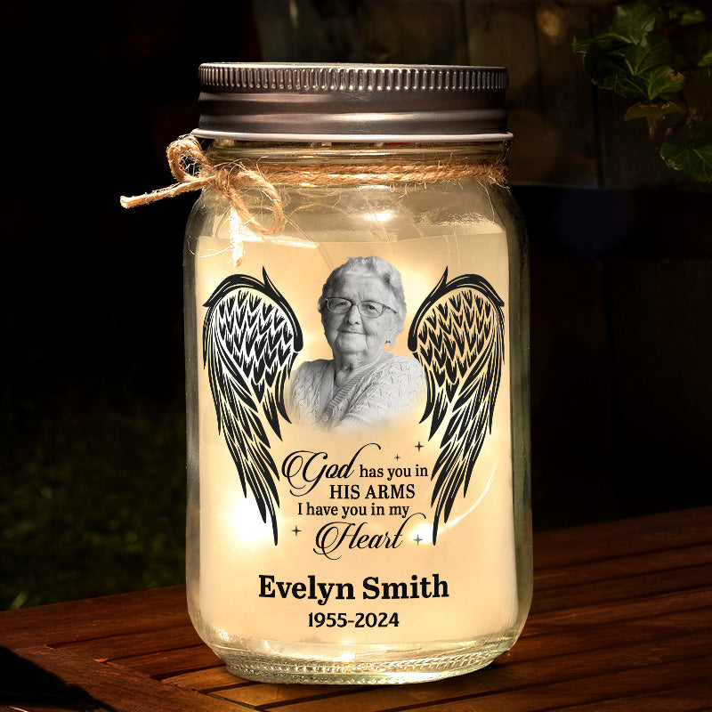 Photo personnalisée Dieu vous tient dans ses bras - Lampe commémorative personnalisée en pot Mason - Cadeau de condoléances pour les membres de la famille