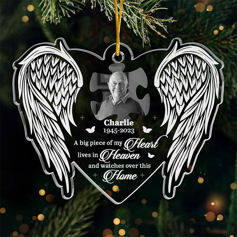 Photo personnalisée « Un gros morceau de mon cœur vit au paradis » - Ornement commémoratif personnalisé - Forme personnalisée en acrylique - Cadeau de Noël, cadeau de condoléances pour les membres de la famille