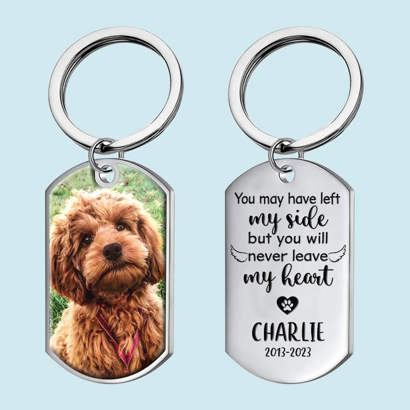 Porte-clés personnalisé avec photo « Tu ne quitteras jamais mon cœur » - Cadeau de condoléances pour les propriétaires d'animaux et les amoureux des animaux