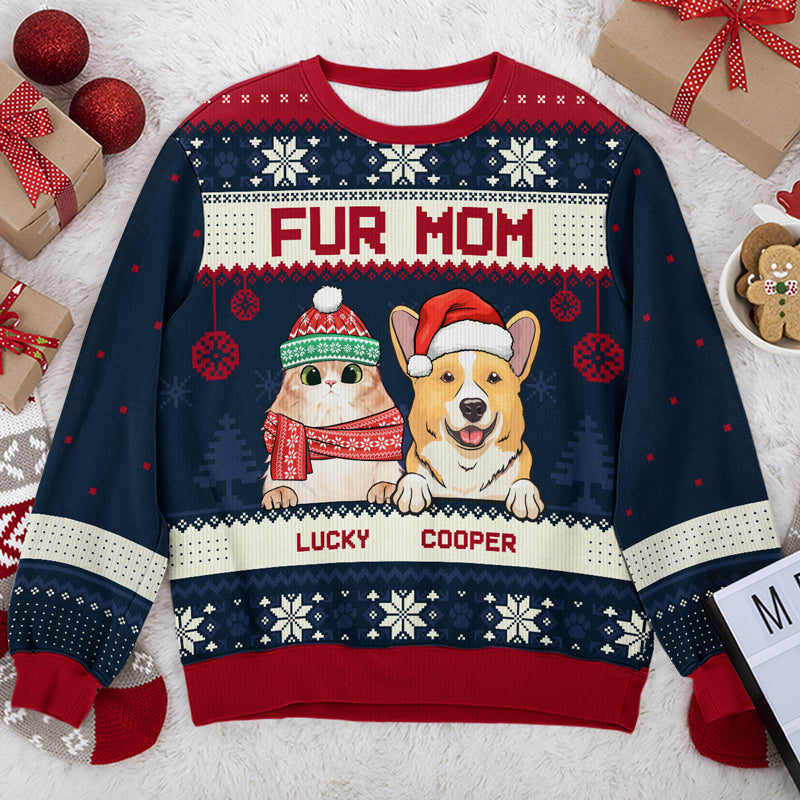 Joyeux Noël, maman et papa en fourrure - Sweat-shirt de Noël unisexe personnalisé et moche, sweat-shirt en laine, sweat-shirt imprimé intégral - Cadeau pour les amoureux des animaux, cadeau de Noël