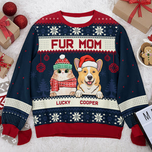 Joyeux Noël, maman et papa en fourrure - Sweat-shirt de Noël unisexe personnalisé et moche, sweat-shirt en laine, sweat-shirt imprimé intégral - Cadeau pour les amoureux des animaux, cadeau de Noël