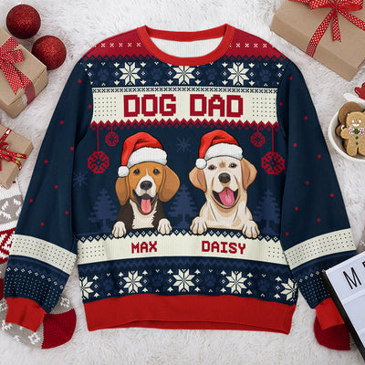 Merry Christmas, Dog Mom Dog Dad - Personalized Custom Unisex Ugly Christmas Sweatshirt, Wool Sweatshirt, All-Over-Print Sweatshirt - Gift For Dog Lovers, Pet Lovers, Christmas Gift